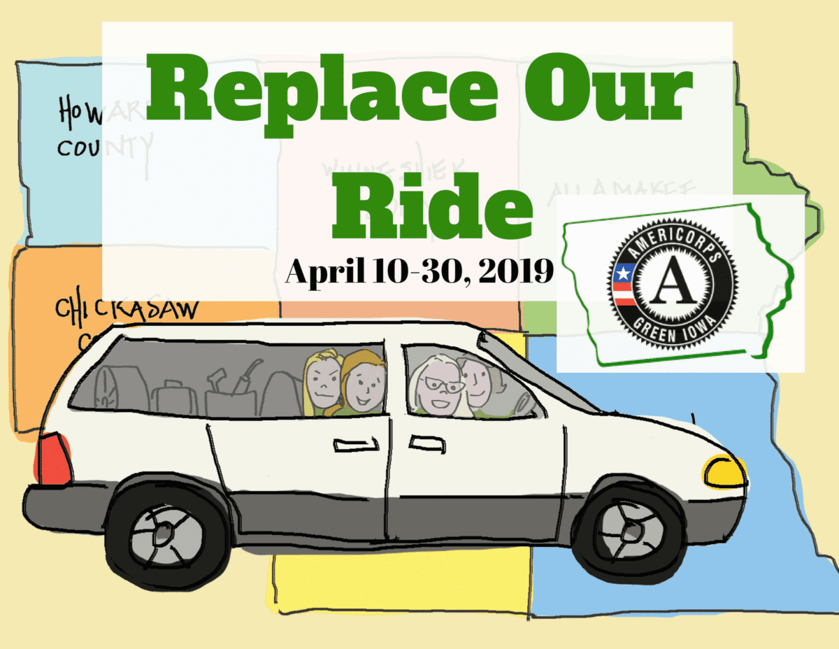 Cartoon minivan with four people driving across a map of Iowa counties. Text reads 