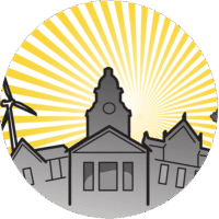 Line drawing of a town with a central clock tower, wind turbine on the left, and yellow sun rays radiating from behind the buildings.