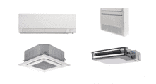 Four types of indoor air conditioning units are shown: wall-mounted, floor-mounted, ceiling cassette, and concealed ducted models, all against a plain white background.