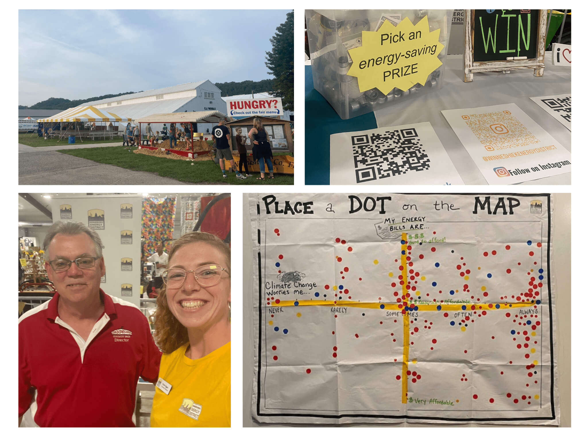A collage shows a fair tent, an energy-saving prize station, two people posing indoors, and a map with colored dots tracking climate change beliefs.