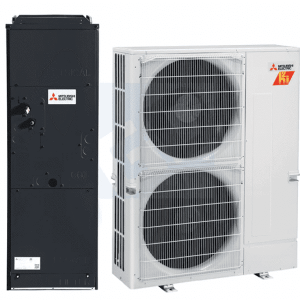 Two Mitsubishi Electric HVAC units: a black indoor air handler on the left and a white outdoor condenser with two fans on the right.