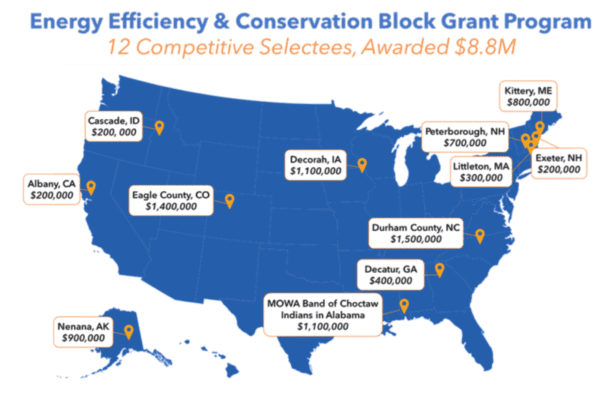 U.S. map showing locations and grant amounts for 12 recipients of the Energy Efficiency & Conservation Block Grant Program, totaling $8.8 million.