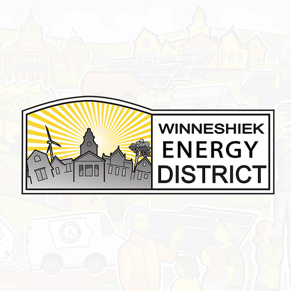 Logo for Winneshiek Energy District featuring a stylized town silhouette, a wind turbine, solar panels, and a radiant yellow sky.