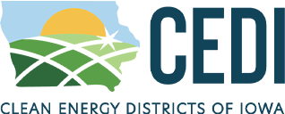 Logo for Clean Energy Districts of Iowa featuring a sunrise over green fields inside an outline of Iowa, with the acronym "CEDI" and the full name written beside it.