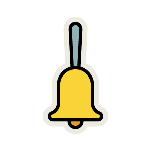 A simple, stylized illustration of a yellow bell with a gray handle, outlined in black on a transparent background.