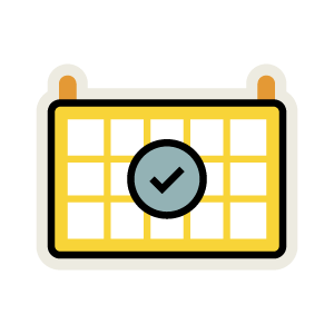 Illustration of a yellow calendar with a grid and a large grey circle featuring a black check mark in the center.