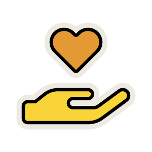 A yellow hand icon with an open palm holds a brown heart above it, symbolizing care, support, or giving.