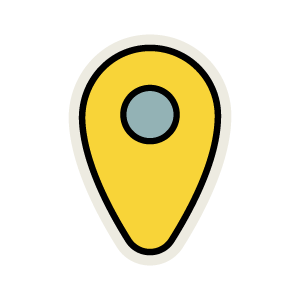 Yellow map location pin icon with a gray circle in the center, outlined in black and white, on a transparent background.
