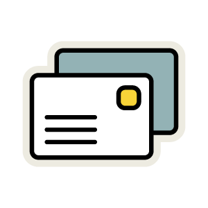 Two overlapping cards, one white with black lines and a yellow square, and one behind it in light blue.