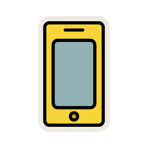 Simple illustration of a yellow smartphone with a gray screen, outlined in black and white, on a transparent background.