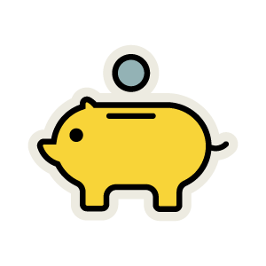 Yellow piggy bank with a coin being inserted into the slot on its back, symbolizing saving money.