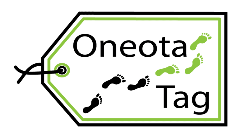 A tag-shaped logo with the text "Oneota Tag" and black and green footprints arranged diagonally across the tag.