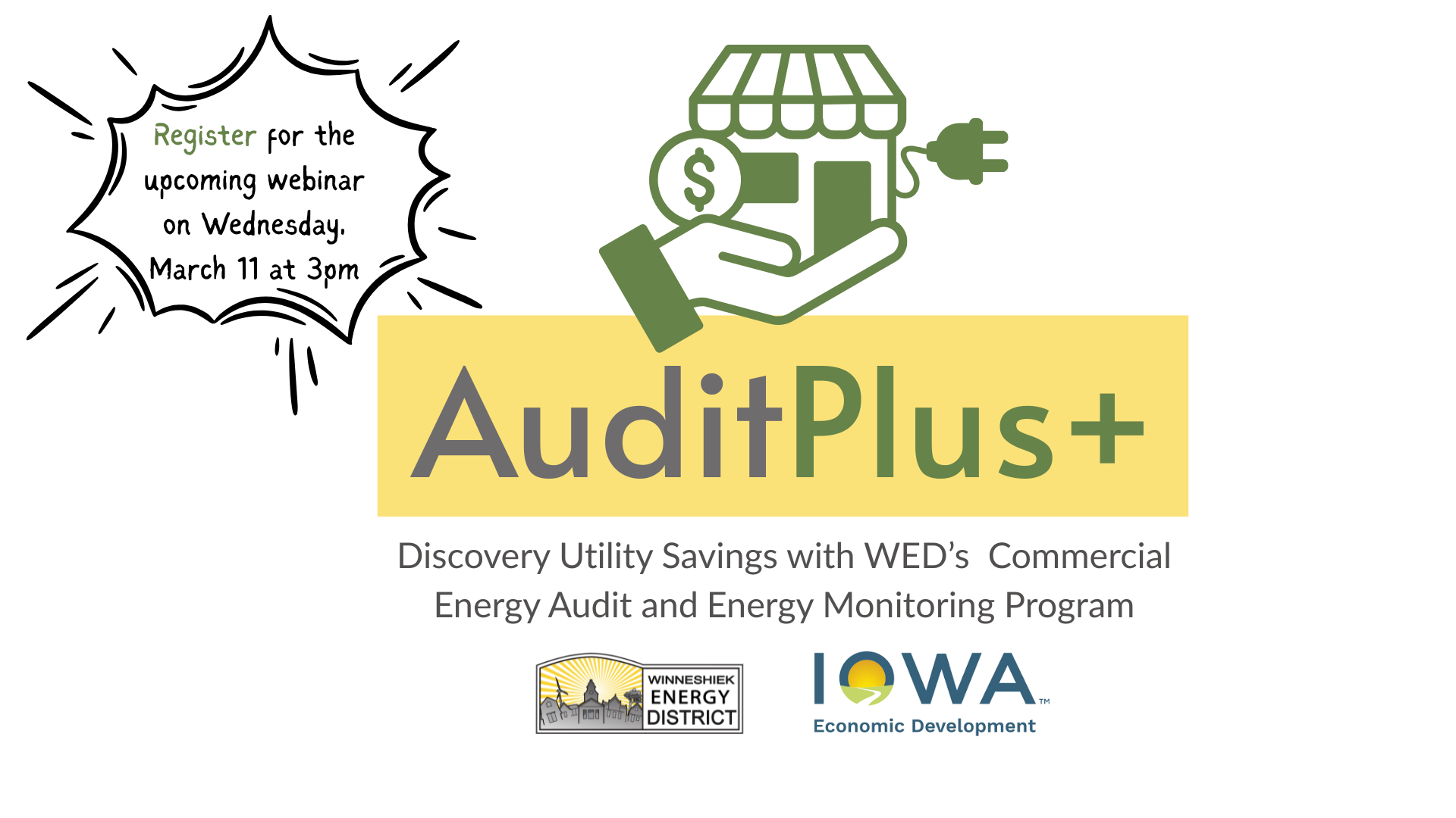 Green & yellow AuditPLUS webinar banner with WED logo and IEDA logo